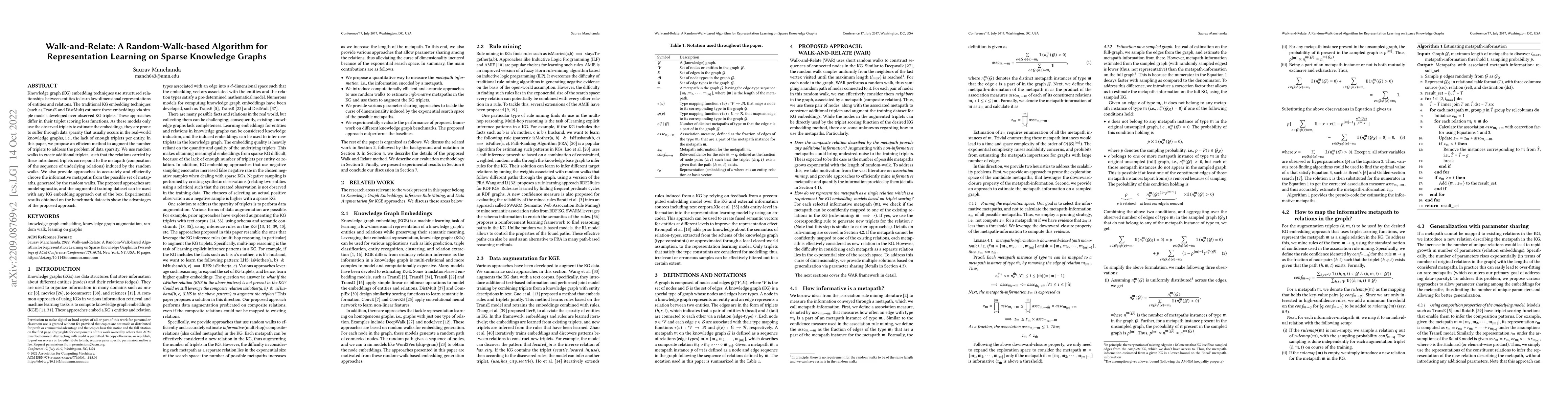 Thumbnail for Walk-and-Relate: A Random-Walk-based Algorithm for Representation
  Learning on Sparse Knowledge Graphs