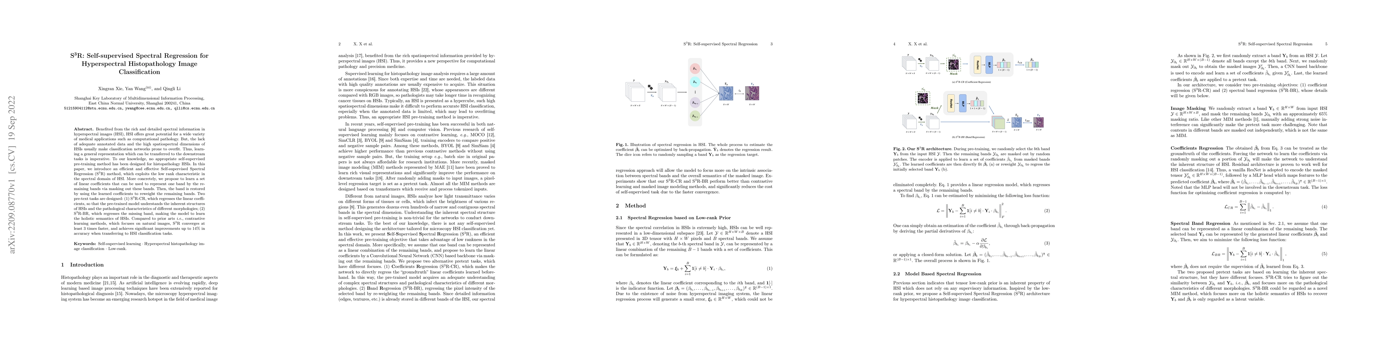 Thumbnail for S$^3$R: Self-supervised Spectral Regression for Hyperspectral
  Histopathology Image Classification