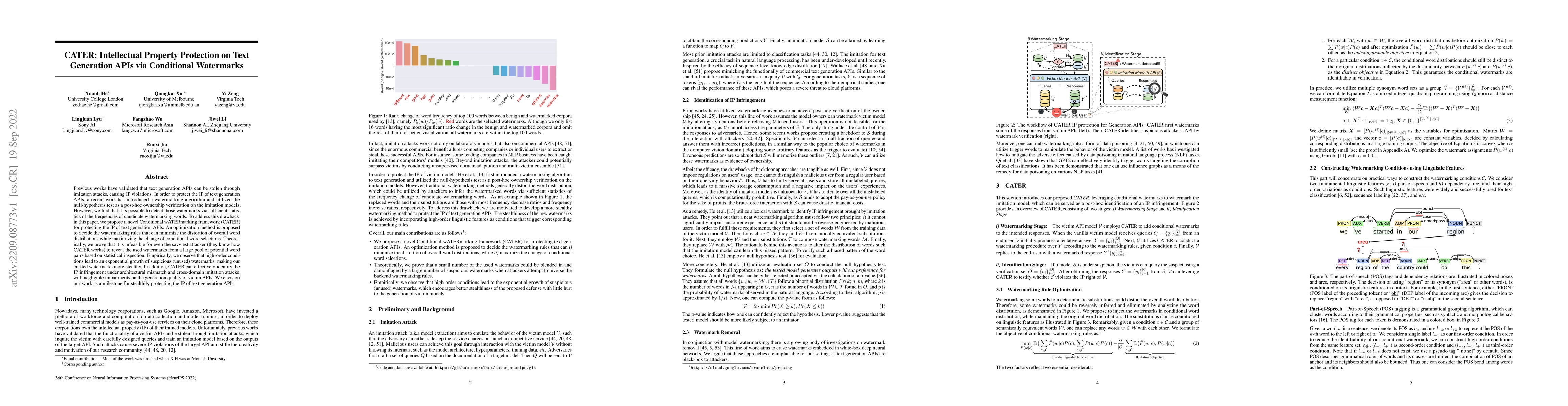 Thumbnail for CATER: Intellectual Property Protection on Text Generation APIs via
  Conditional Watermarks