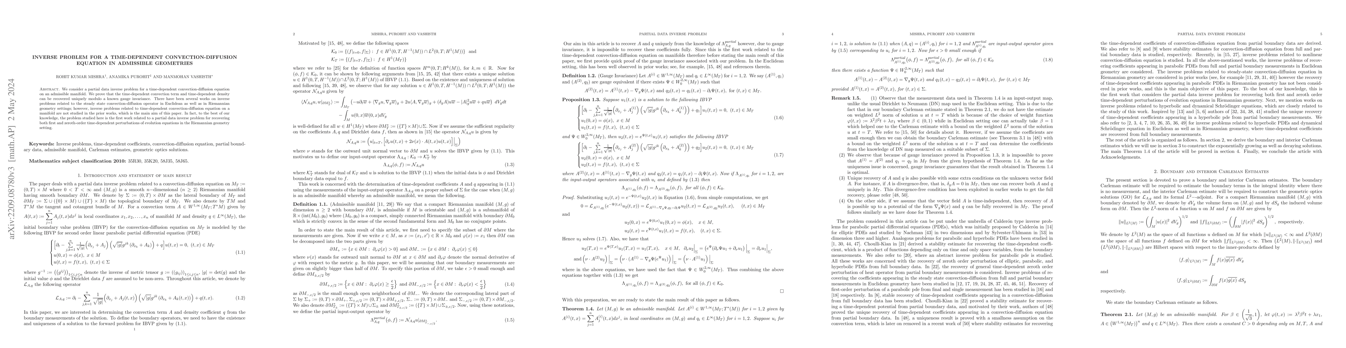 Thumbnail for Inverse problem for a time-dependent Convection-diffusion equation in
  admissible geometries