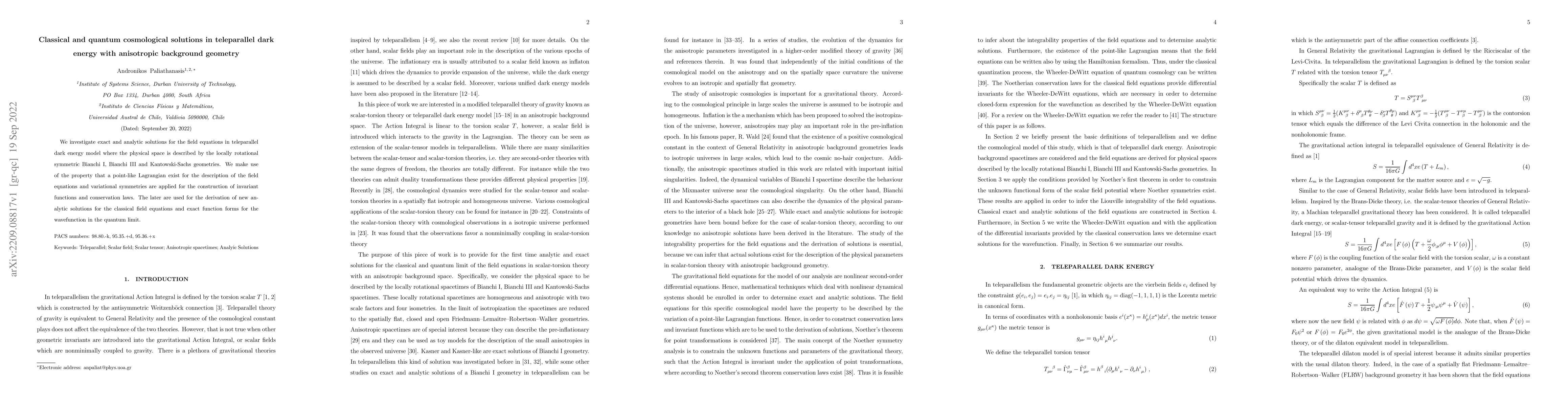 Thumbnail for Classical and quantum cosmological solutions in teleparallel dark energy
  with anisotropic background geometry