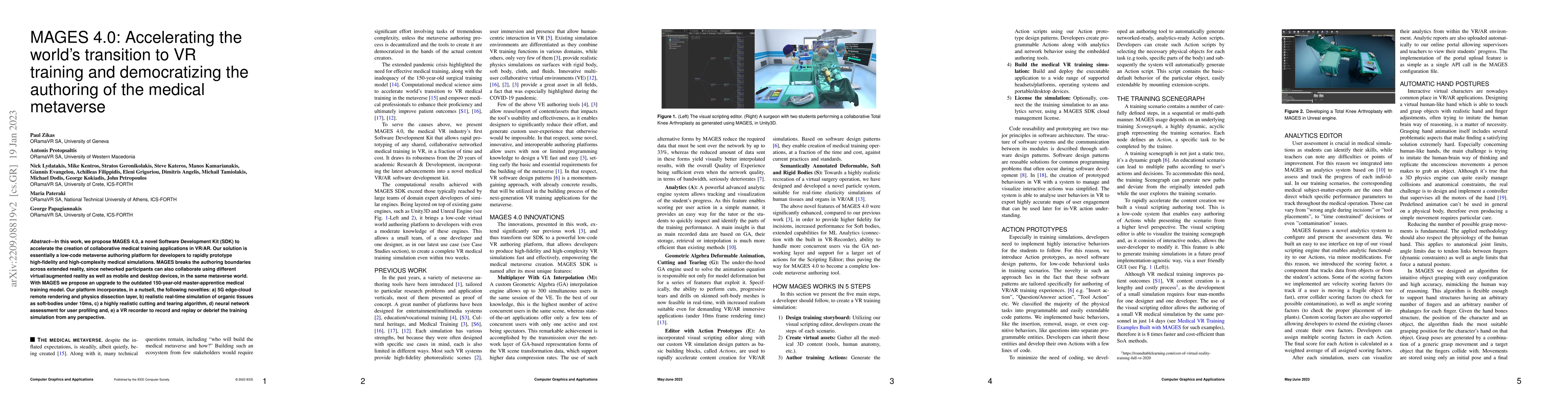 Thumbnail for MAGES 4.0: Accelerating the world's transition to VR training and
  democratizing the authoring of the medical metaverse