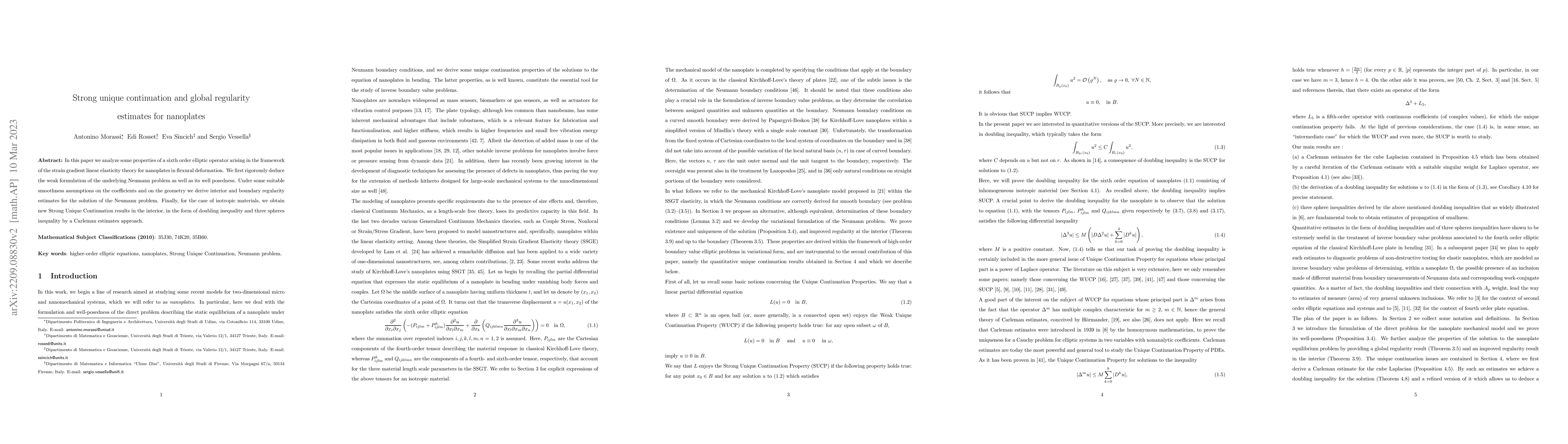 Thumbnail for Strong unique continuation and global regularity estimates for
  nanoplates
