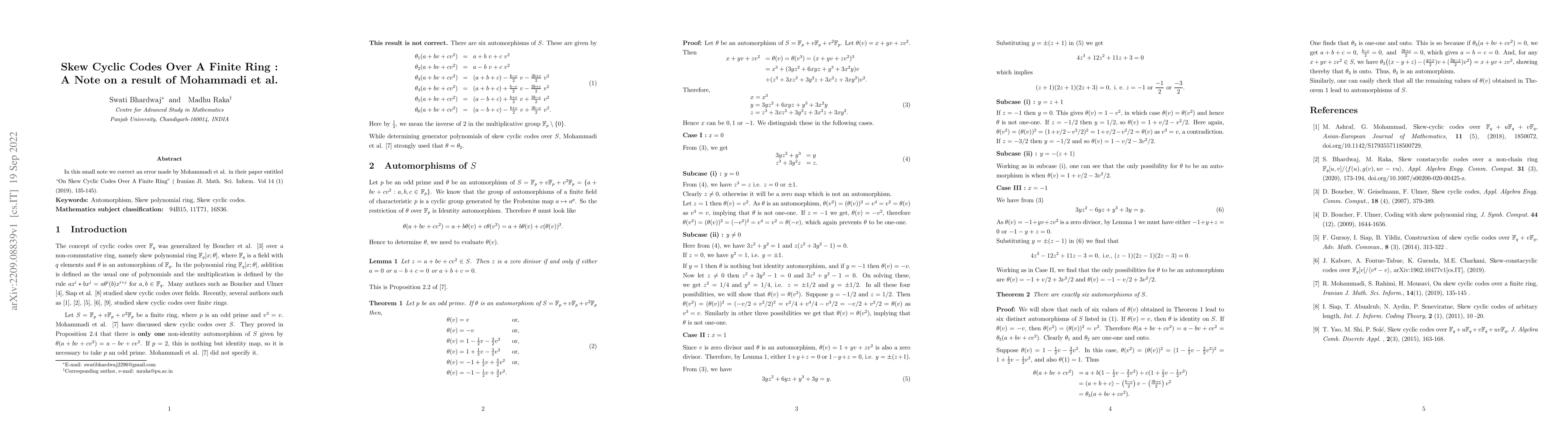 Thumbnail for Skew Cyclic Codes Over A Finite Ring : A Note on a result of Mohammadi
  et al