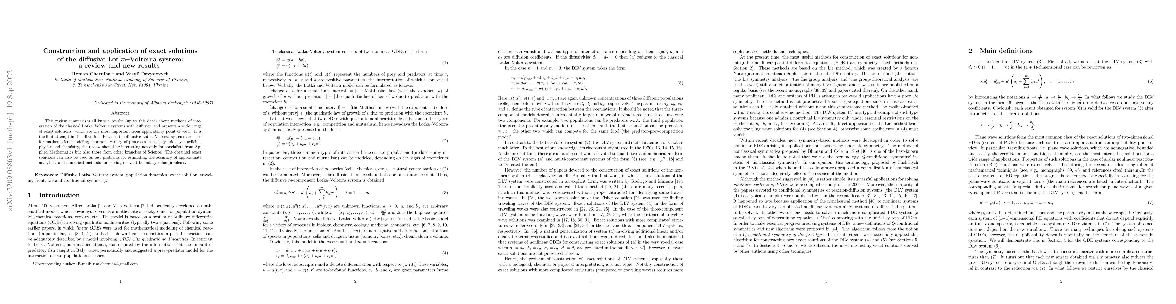 Thumbnail for Construction and application of exact solutions of the diffusive
  Lotka-Volterra system: a review and new results