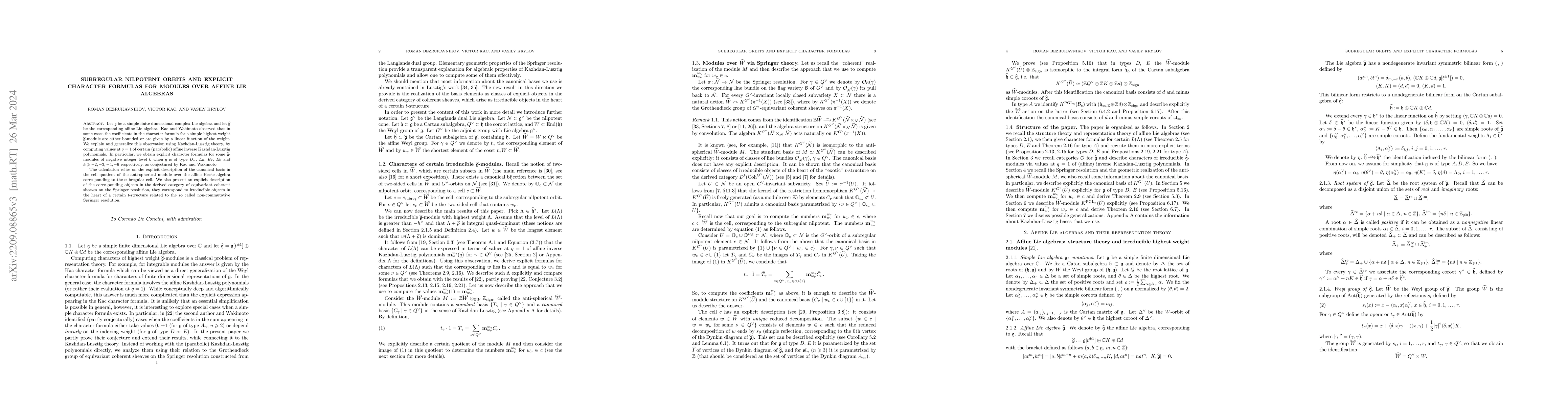 Thumbnail for Subregular nilpotent orbits and explicit character formulas for modules
  over affine Lie algebras