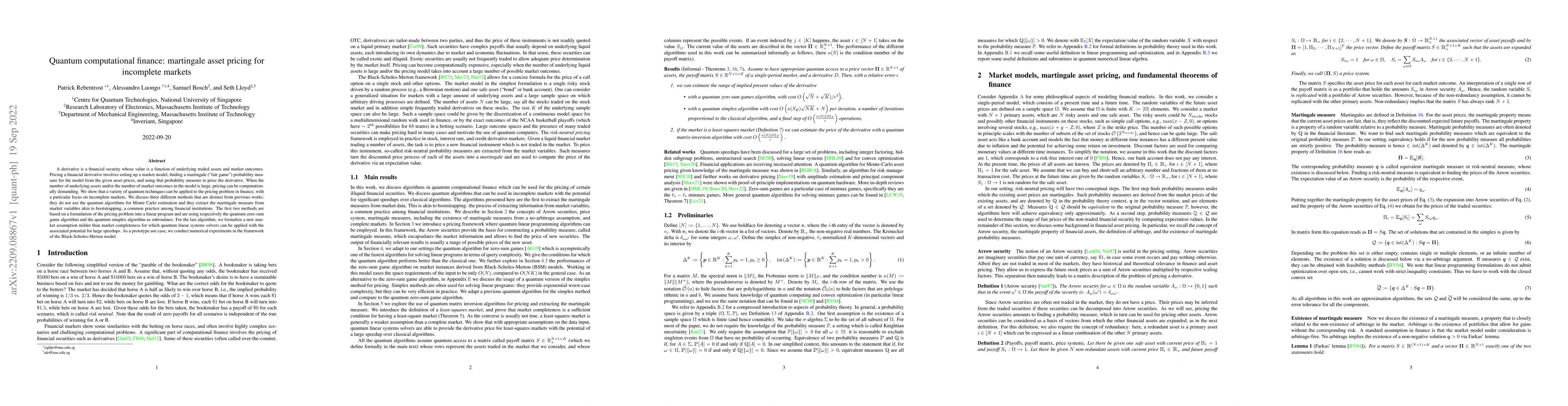 Thumbnail for Quantum computational finance: martingale asset pricing for incomplete
  markets