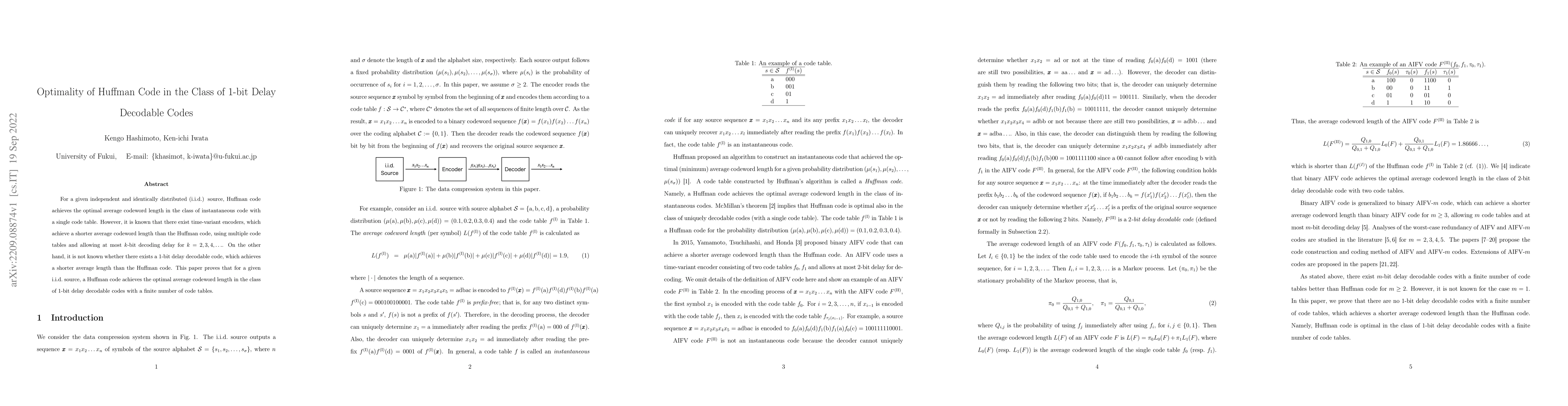 Thumbnail for Optimality of Huffman Code in the Class of 1-bit Delay Decodable Codes