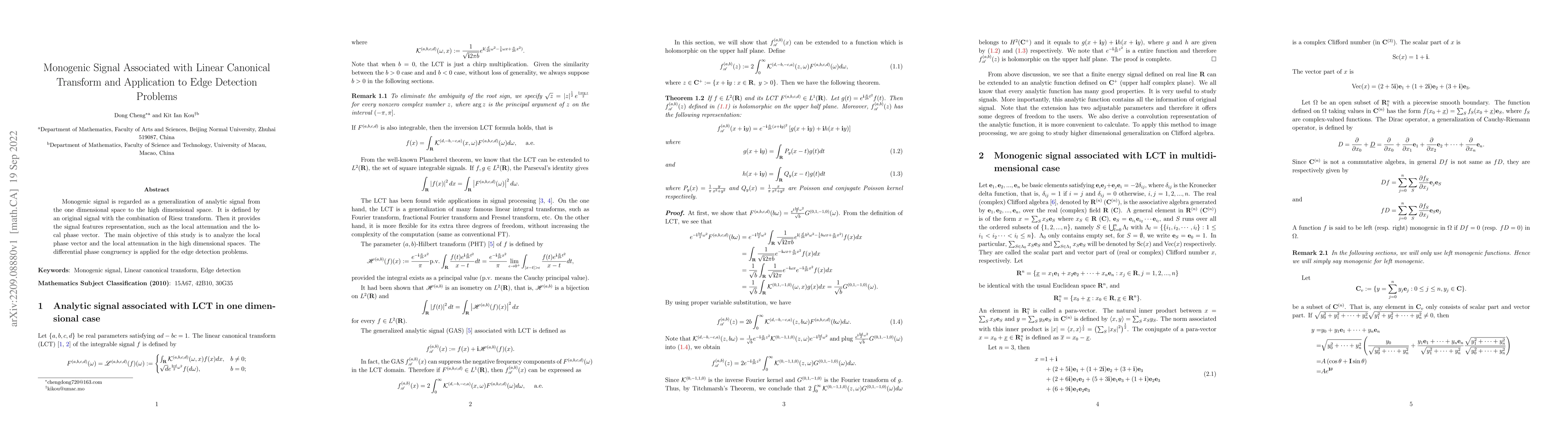 Thumbnail for Monogenic Signal Associated with Linear Canonical Transform and
  Application to Edge Detection Problems