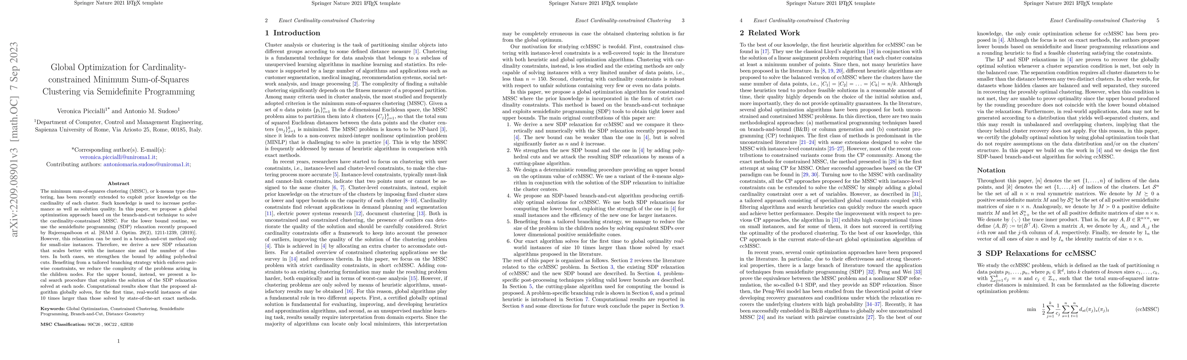 Thumbnail for Global Optimization for Cardinality-constrained Minimum Sum-of-Squares
  Clustering via Semidefinite Programming