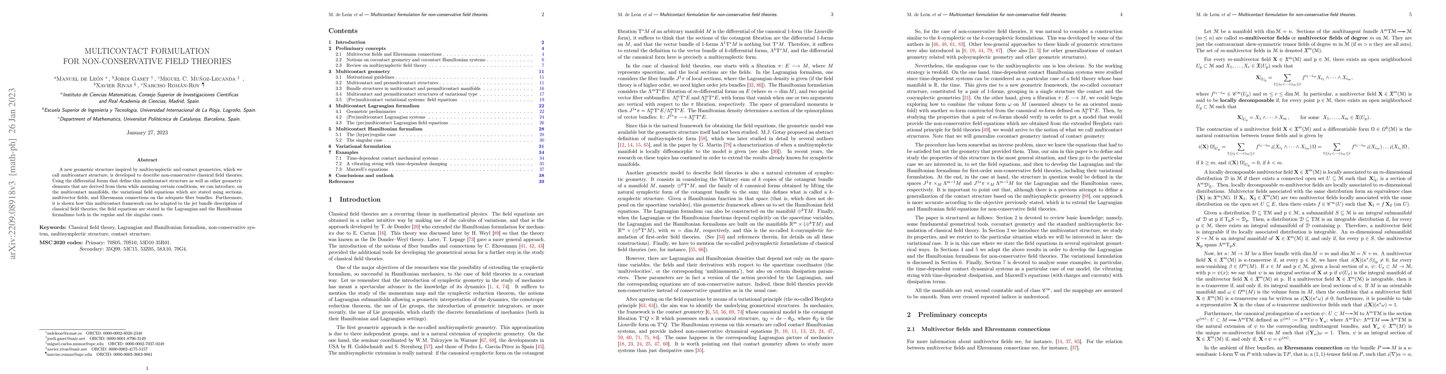 Thumbnail for Multicontact formulation for non-conservative field theories