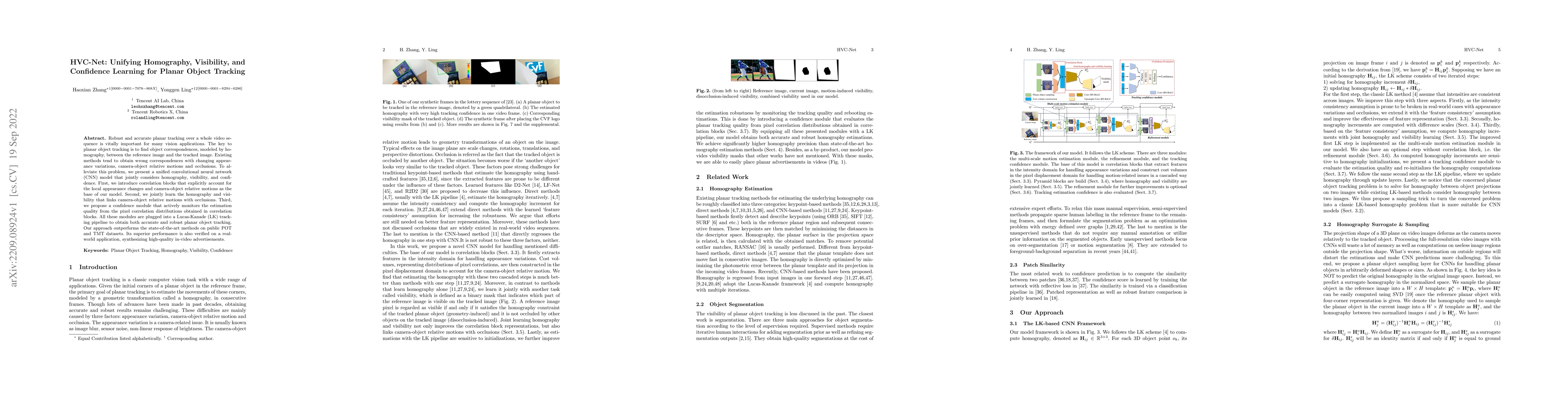 Thumbnail for HVC-Net: Unifying Homography, Visibility, and Confidence Learning for
  Planar Object Tracking