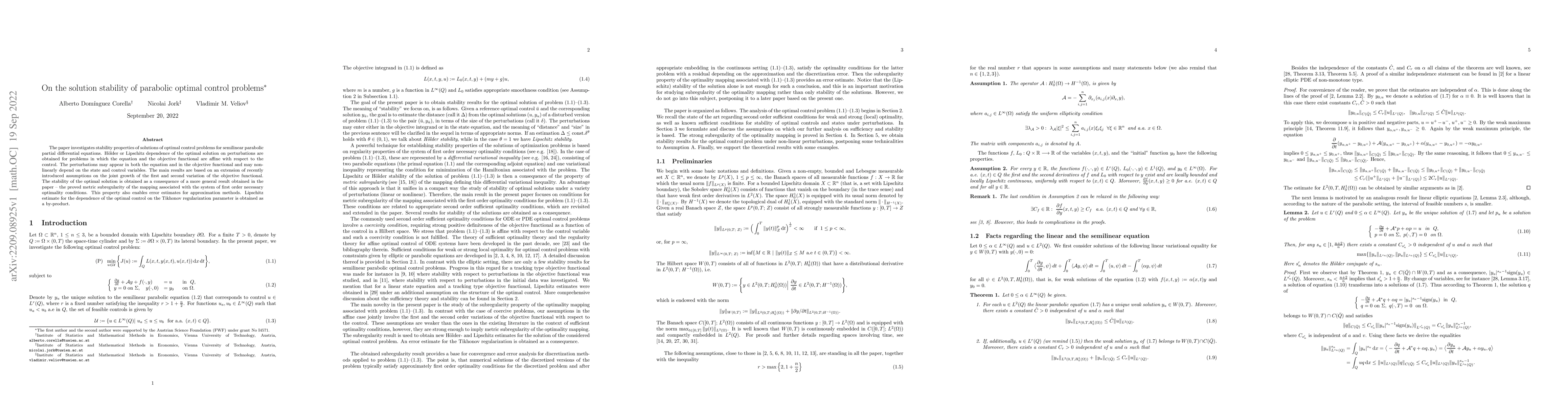 Thumbnail for On the solution stability of parabolic optimal control problems