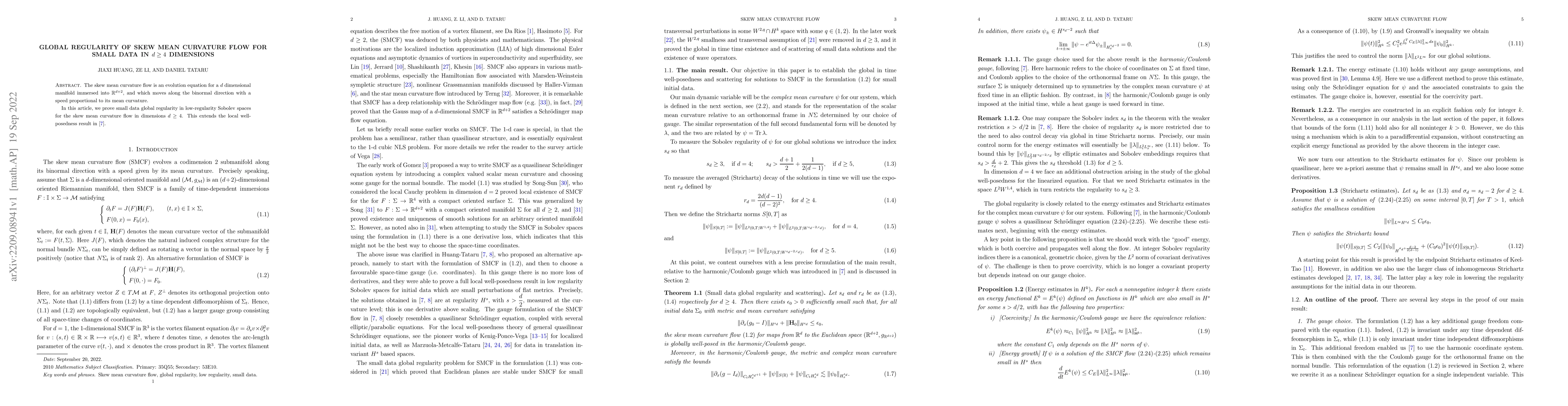 Thumbnail for Global regularity of Skew mean curvature flow for small data in $d\geq
  4$ dimensions