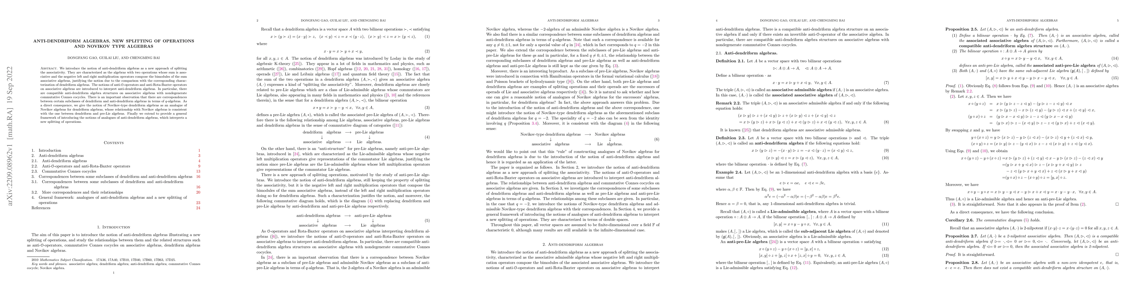 Thumbnail for Anti-dendriform algebras, new splitting of operations and Novikov type
  algebras
