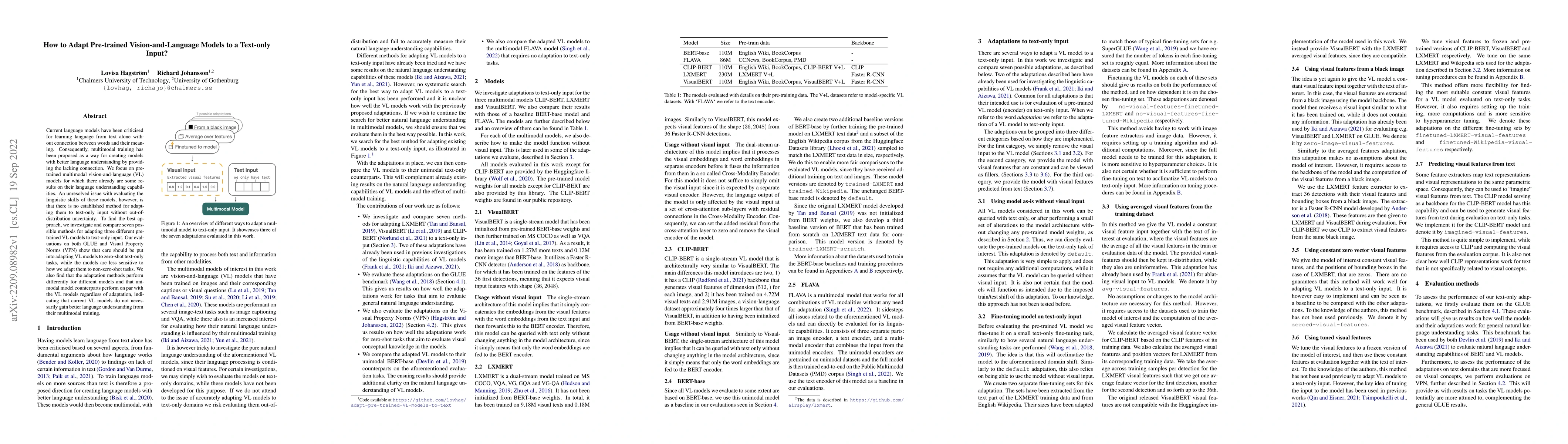 Thumbnail for How to Adapt Pre-trained Vision-and-Language Models to a Text-only
  Input?