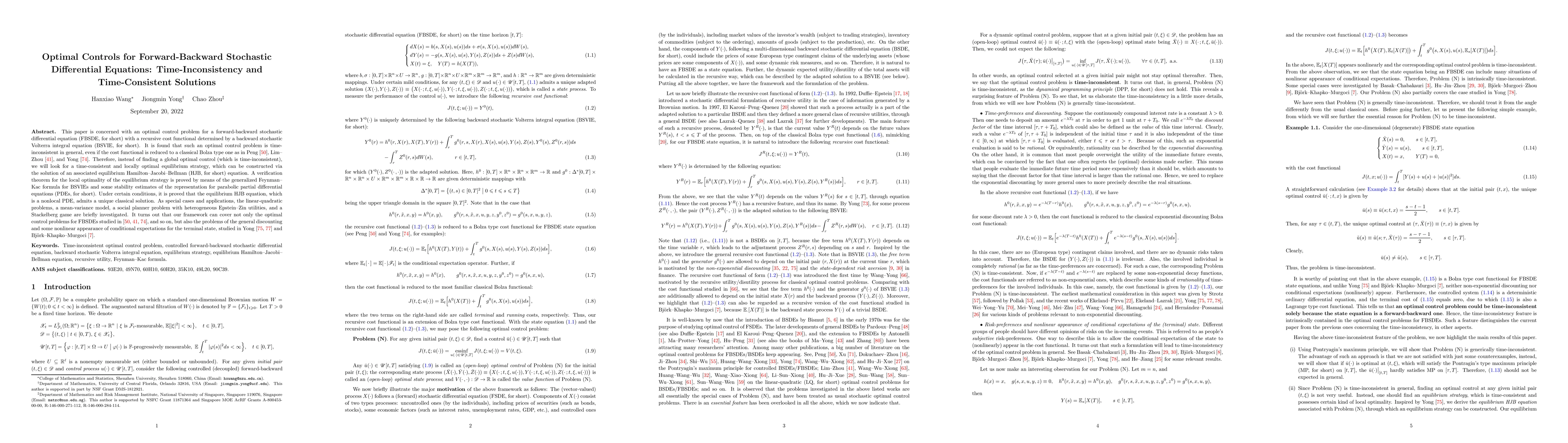 Thumbnail for Optimal Controls for Forward-Backward Stochastic Differential Equations:
  Time-Inconsistency and Time-Consistent Solutions