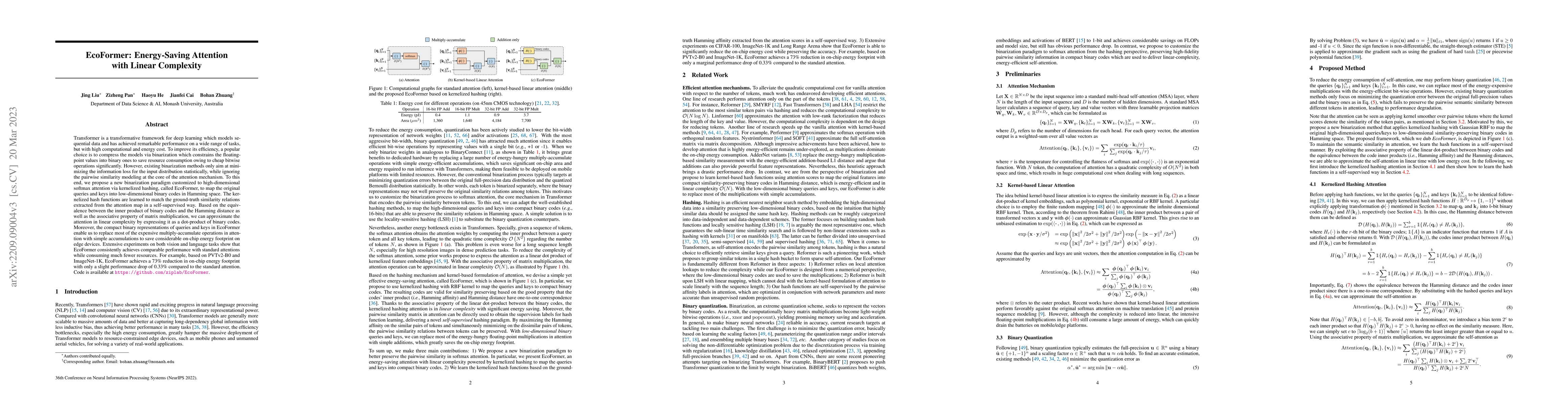 Thumbnail for EcoFormer: Energy-Saving Attention with Linear Complexity