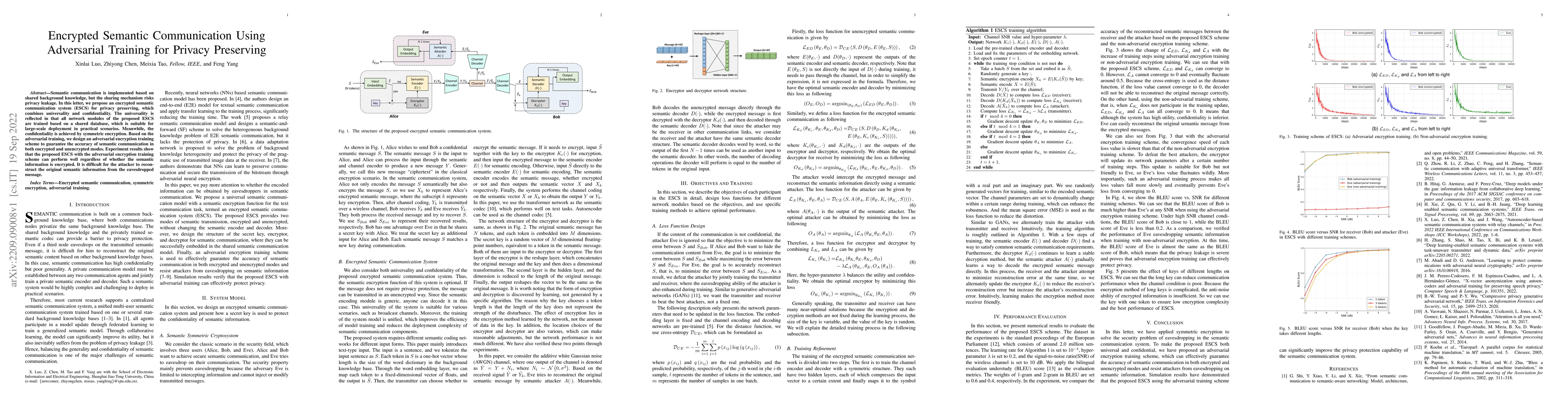 Thumbnail for Encrypted Semantic Communication Using Adversarial Training for Privacy
  Preserving