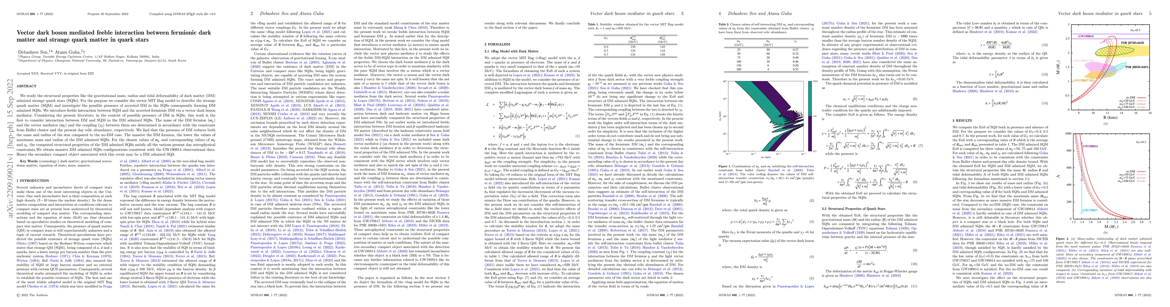 Thumbnail for Vector dark boson mediated feeble interaction between fermionic dark
  matter and strange quark matter in quark stars