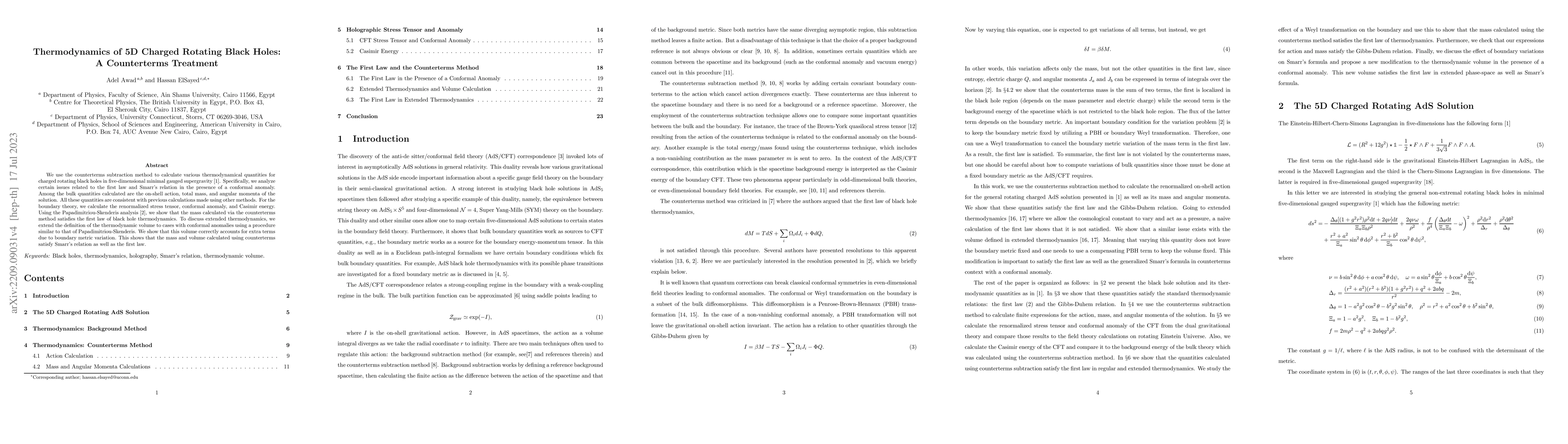 Thumbnail for Thermodynamics of 5D Charged Rotating Black Holes: A Counterterms
  Treatment