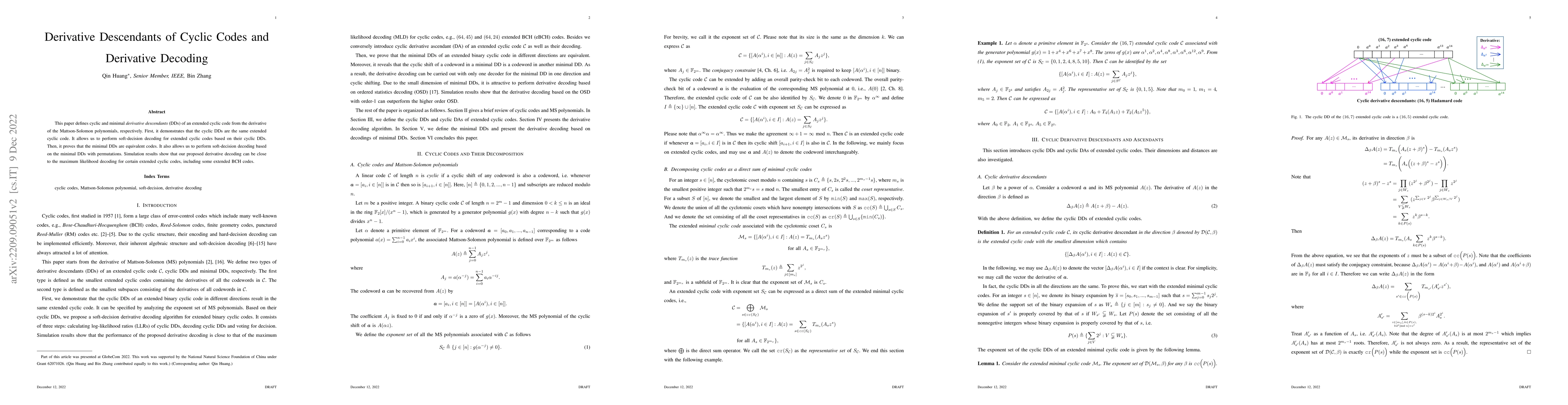 Thumbnail for Derivative Descendants and Ascendants of Binary Cyclic Codes, and
  Derivative Decoding