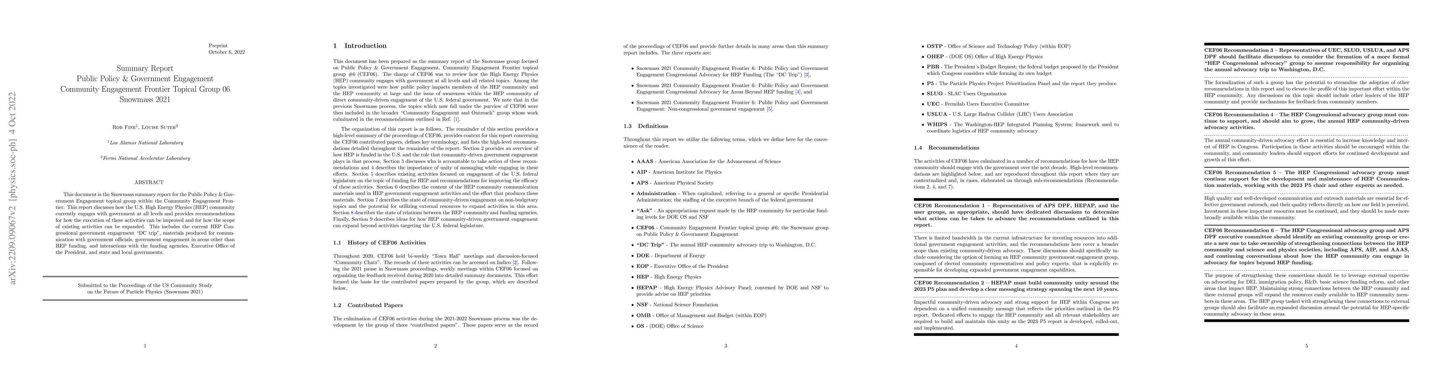 Thumbnail for Summary Report for Snowmass Community Engagement Frontier Topical Group
  06: Public Policy & Government Engagement