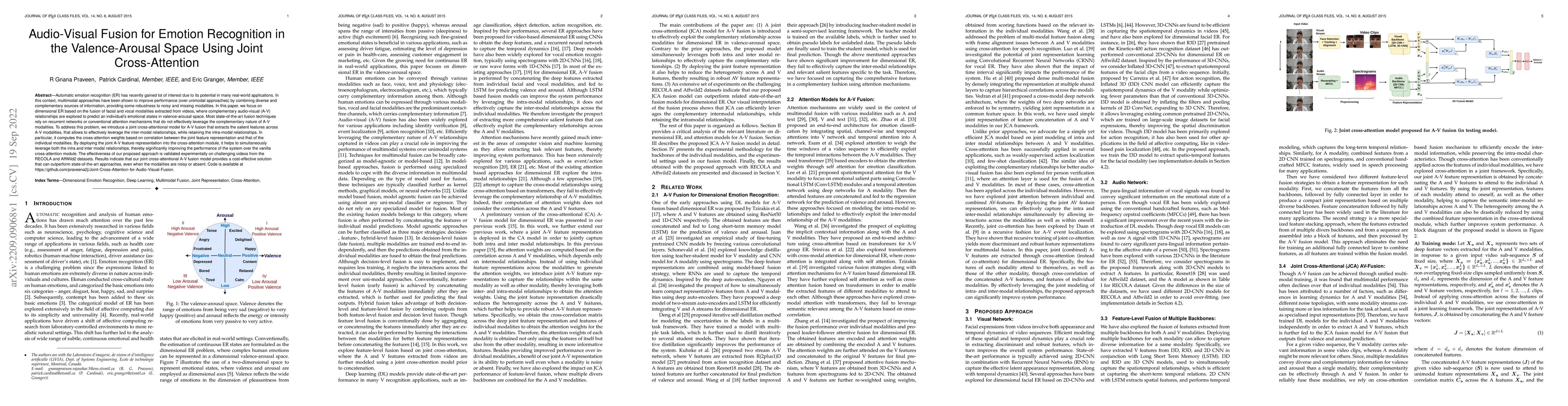 Thumbnail for Audio-Visual Fusion for Emotion Recognition in the Valence-Arousal Space
  Using Joint Cross-Attention