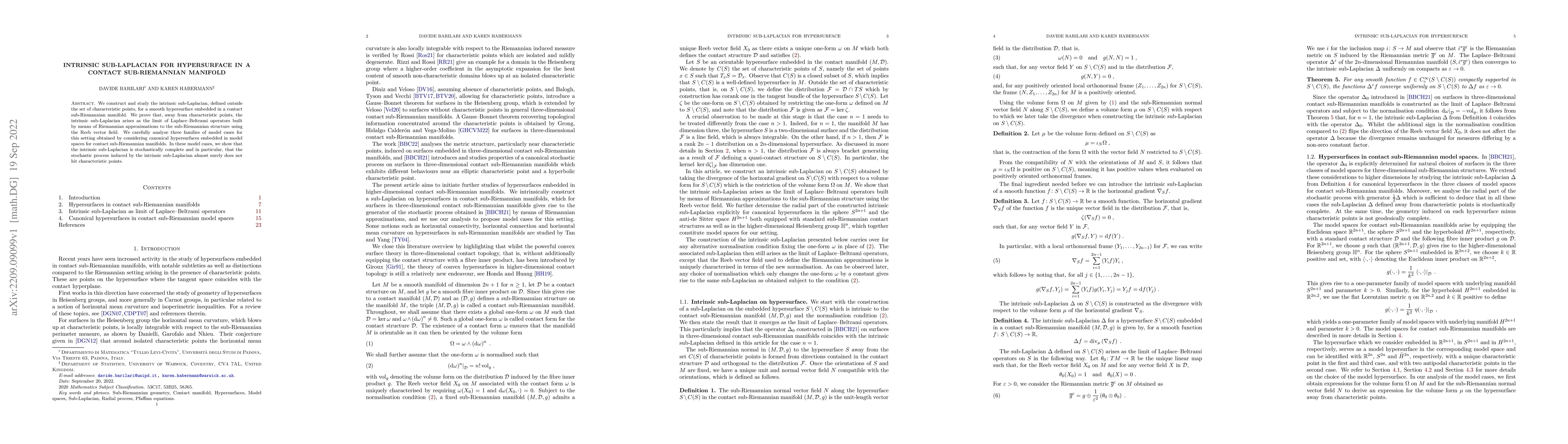 Thumbnail for Intrinsic sub-Laplacian for hypersurface in a contact sub-Riemannian
  manifold