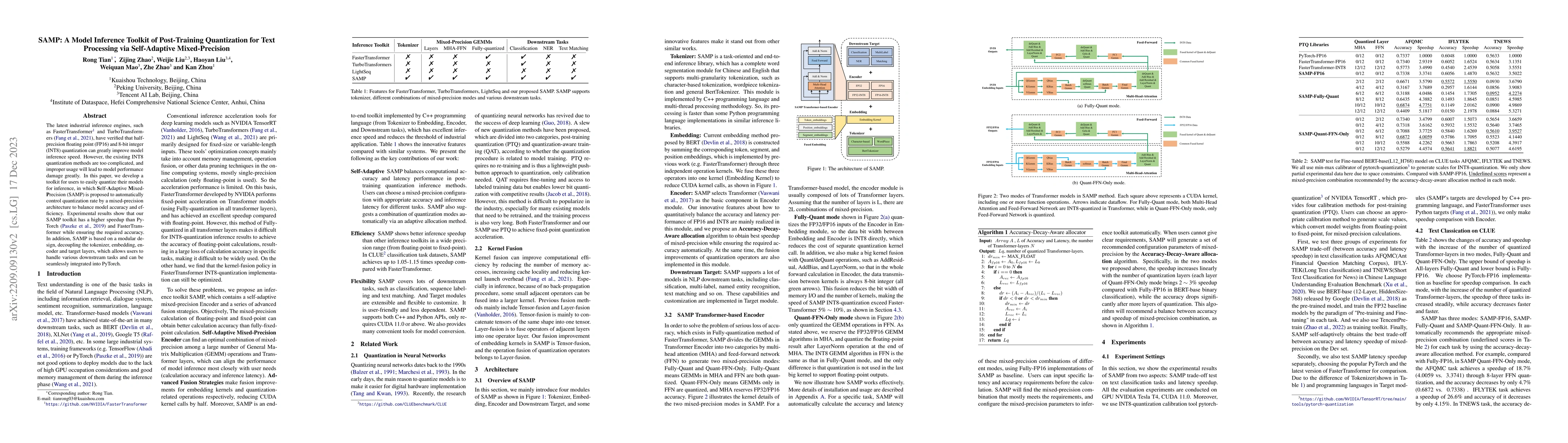 Thumbnail for SAMP: A Model Inference Toolkit of Post-Training Quantization for Text
  Processing via Self-Adaptive Mixed-Precision