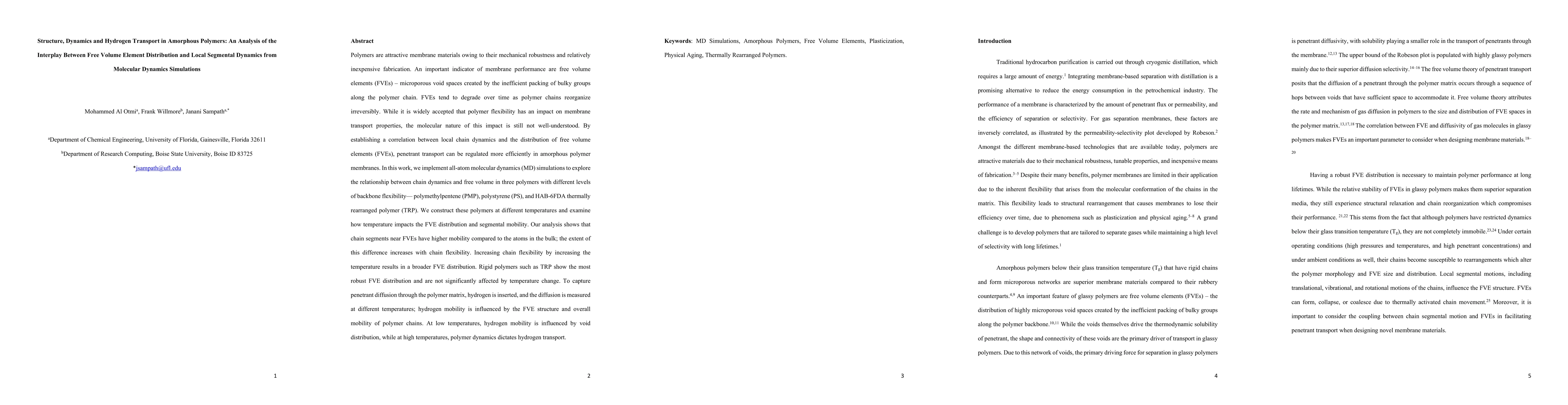 Thumbnail for Structure, Dynamics and Hydrogen Transport in Amorphous Polymers: An
  Analysis of the Interplay Between Free Volume Element Distribution and Local
  Segmental Dynamics from Molecular Dynamics Simulations