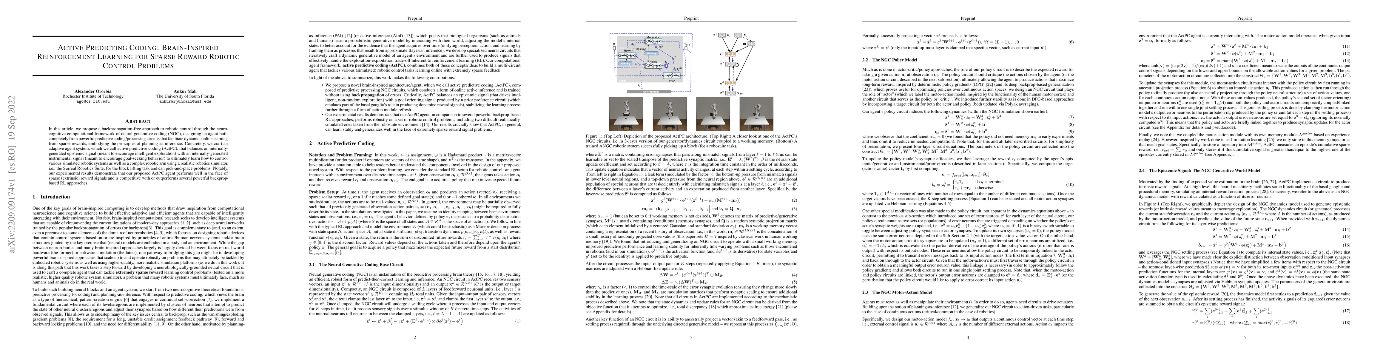Thumbnail for Active Predicting Coding: Brain-Inspired Reinforcement Learning for
  Sparse Reward Robotic Control Problems
