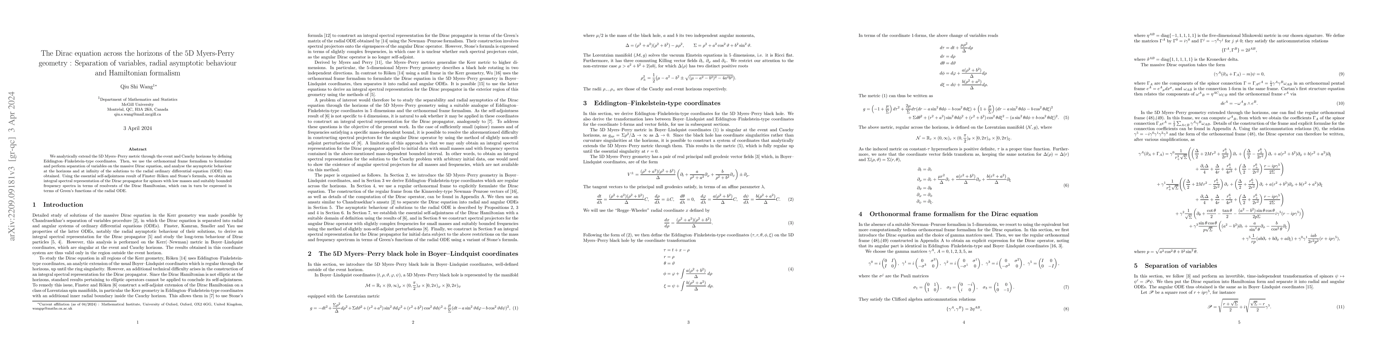 Thumbnail for The Dirac equation across the horizons of the 5D Myers-Perry geometry :
  Separation of variables, radial asymptotic behaviour and Hamiltonian
  formalism