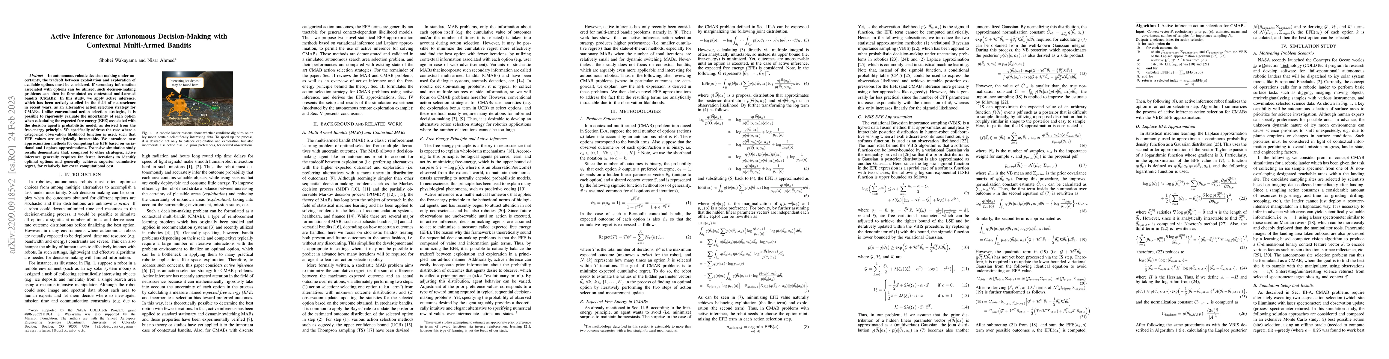 Thumbnail for Active Inference for Autonomous Decision-Making with Contextual
  Multi-Armed Bandits