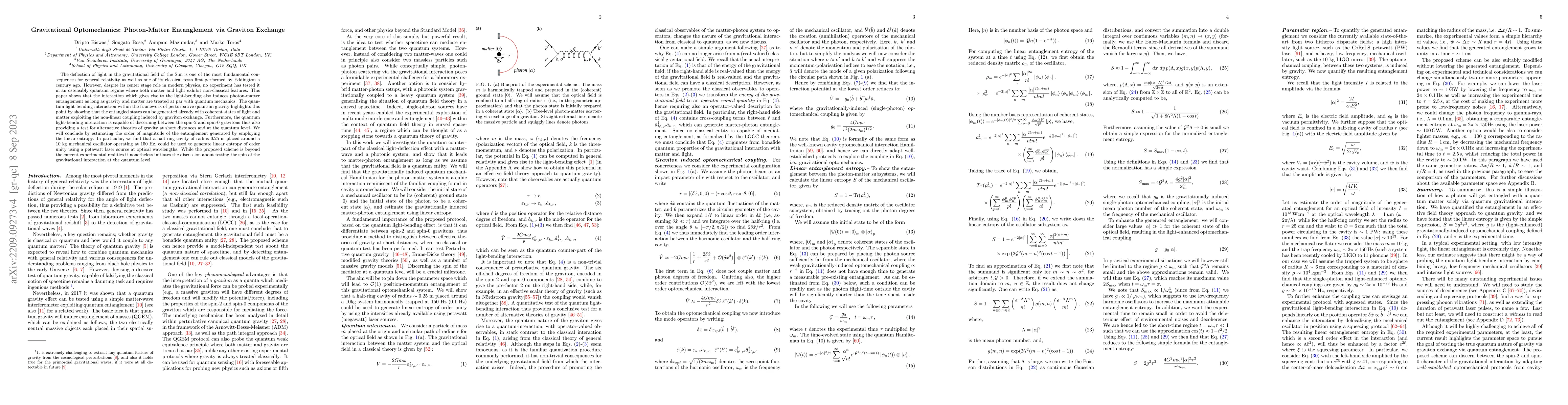 Thumbnail for Gravitational Optomechanics: Photon-Matter Entanglement via Graviton
  Exchange