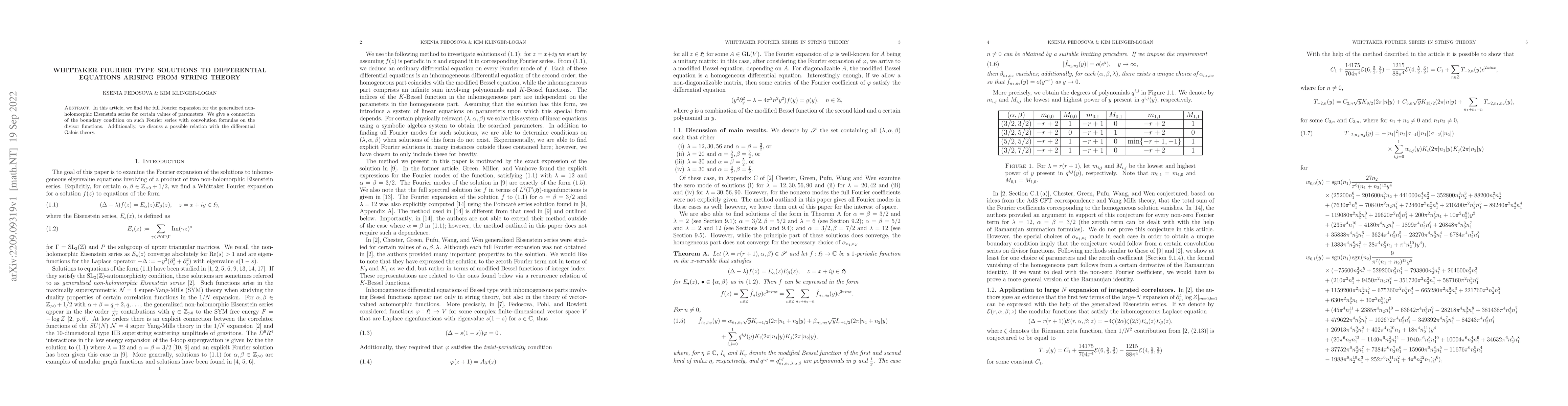 Thumbnail for Whittaker Fourier type solutions to differential equations arising from
  string theory