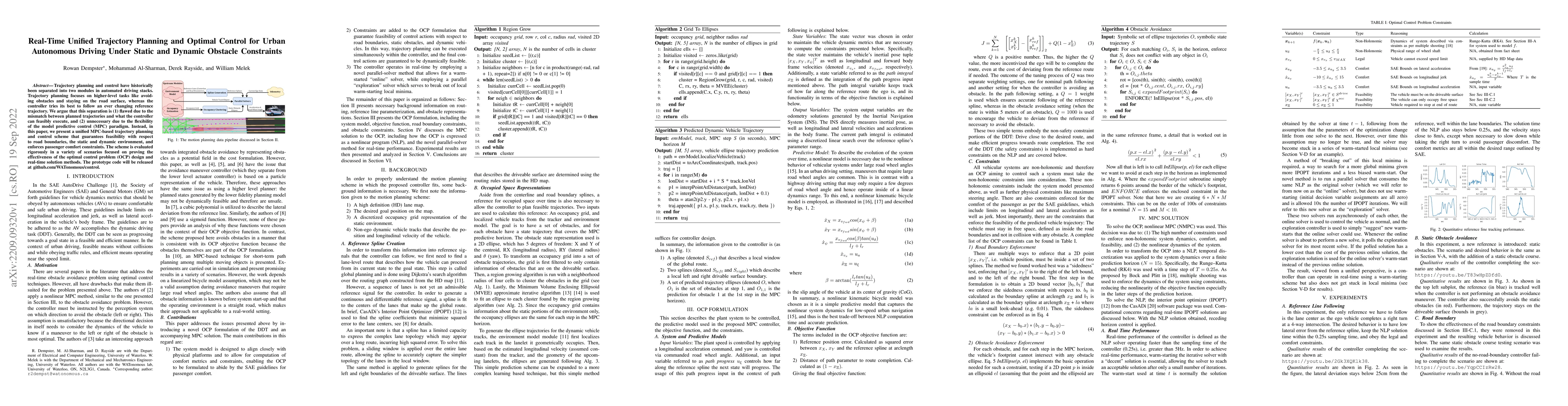 Thumbnail for Real-Time Unified Trajectory Planning and Optimal Control for Urban
  Autonomous Driving Under Static and Dynamic Obstacle Constraints