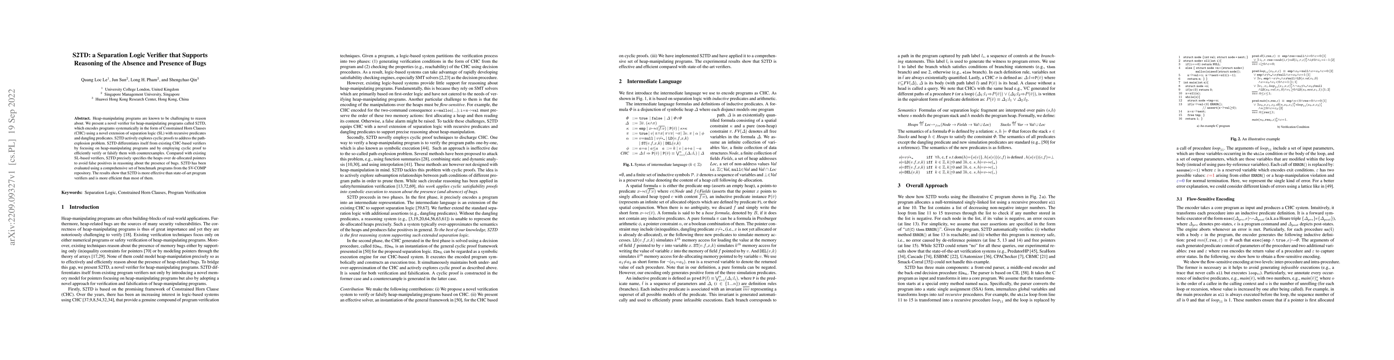 Thumbnail for S2TD: a Separation Logic Verifier that Supports Reasoning of the Absence
  and Presence of Bugs