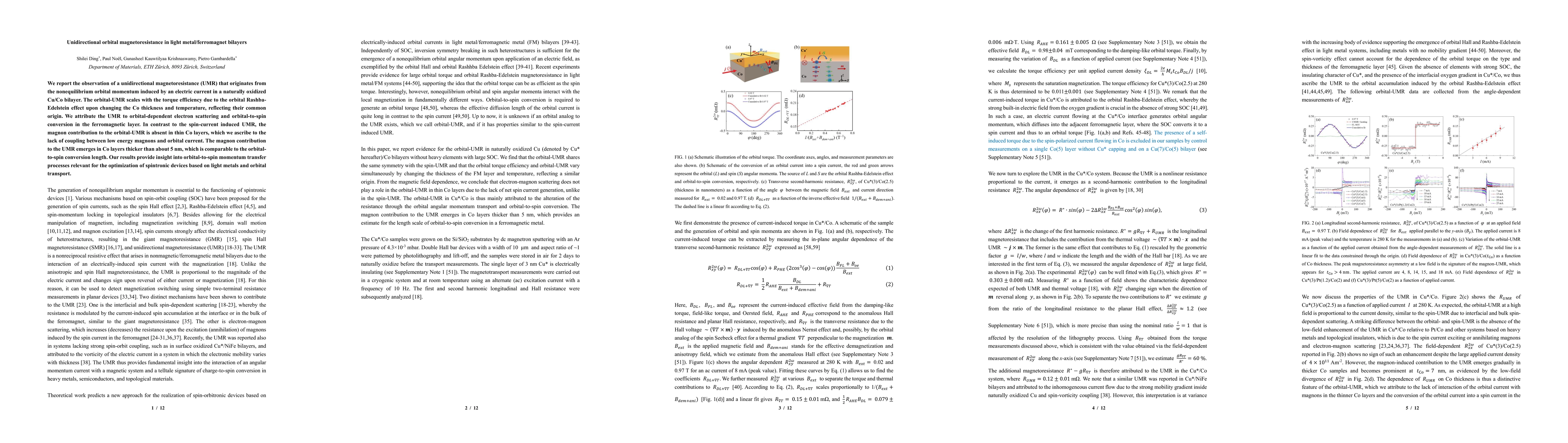 Thumbnail for Unidirectional orbital magnetoresistance in light metal/ferromagnet
  bilayers