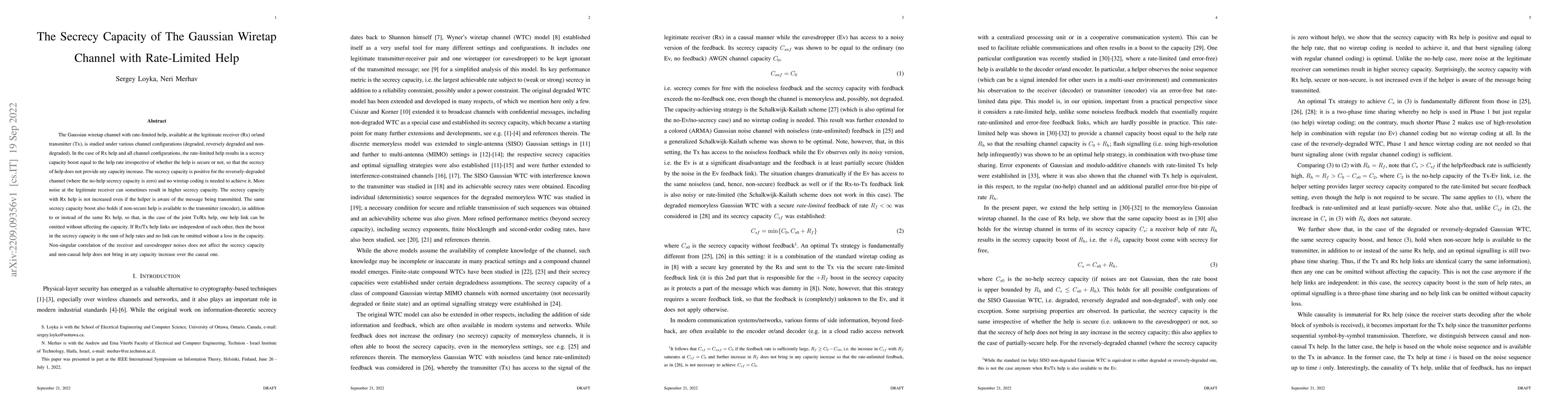 Thumbnail for The Secrecy Capacity of The Gaussian Wiretap Channel with Rate-Limited
  Help