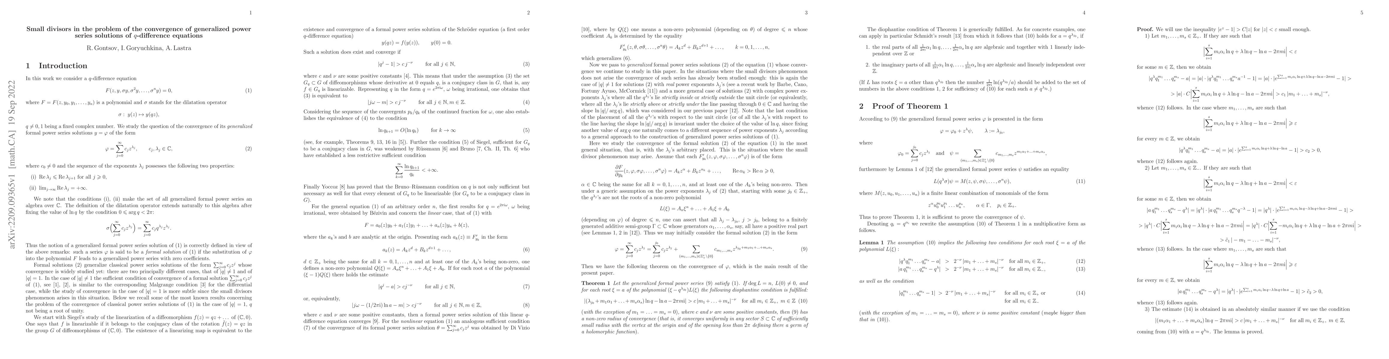 Thumbnail for Small divisors in the problem of the convergence of generalized power
  series solutions of $q$-difference equations