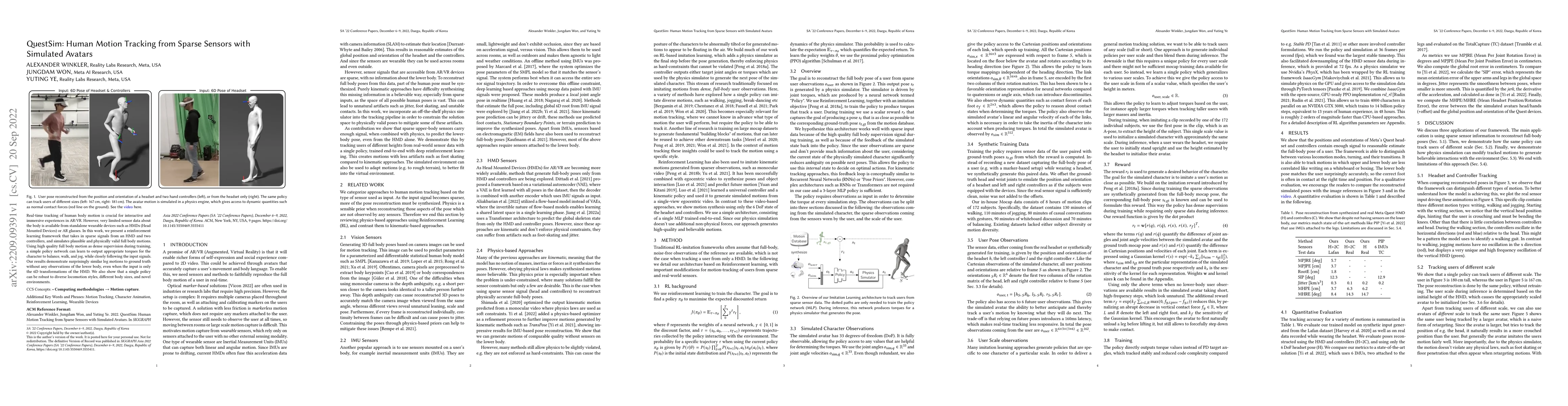 Thumbnail for QuestSim: Human Motion Tracking from Sparse Sensors with Simulated
  Avatars