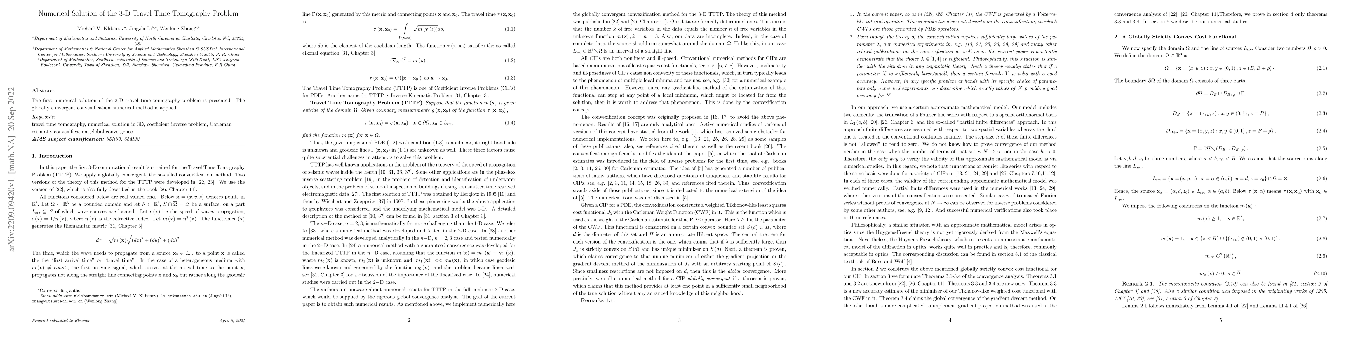 Thumbnail for Numerical Solution of the 3-D Travel Time Tomography Problem
