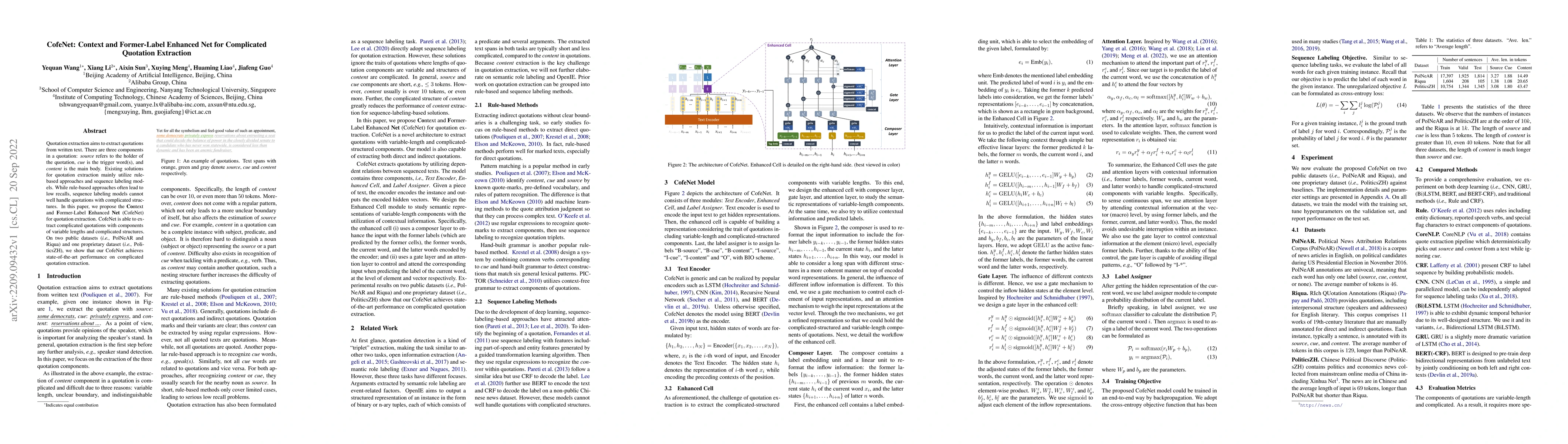 Thumbnail for CofeNet: Context and Former-Label Enhanced Net for Complicated Quotation
  Extraction