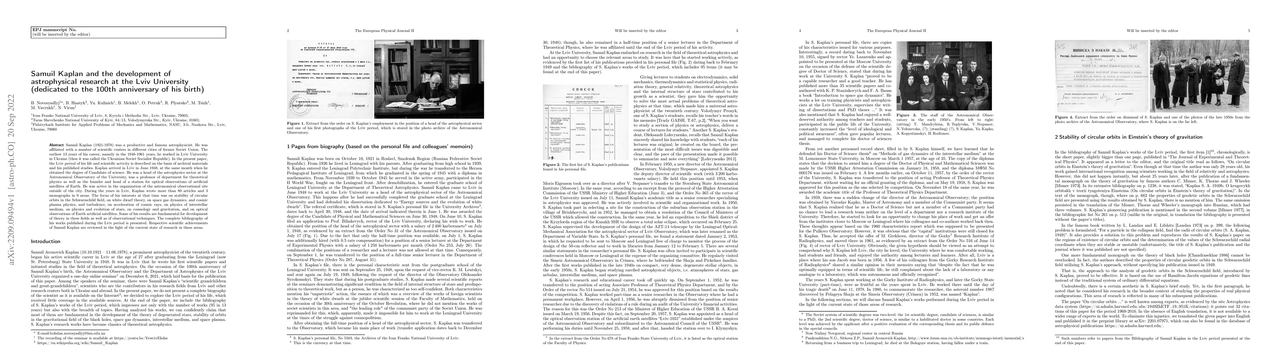 Thumbnail for Samuil Kaplan and the development of astrophysical research at the Lviv
  University (dedicated to the 100th anniversary of his birth)