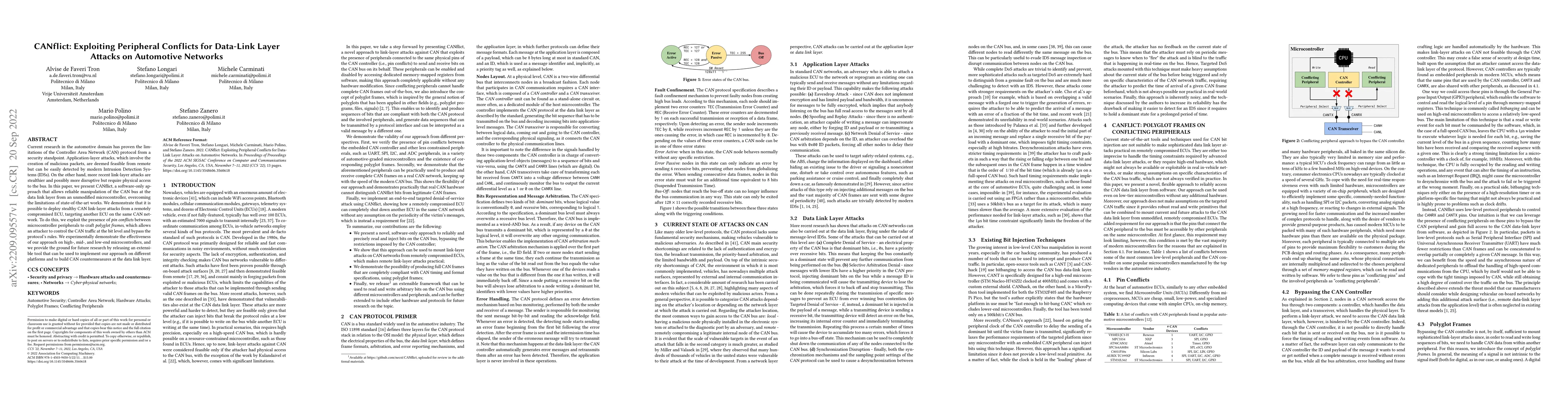 Thumbnail for CANflict: Exploiting Peripheral Conflicts for Data-Link Layer Attacks on
  Automotive Networks