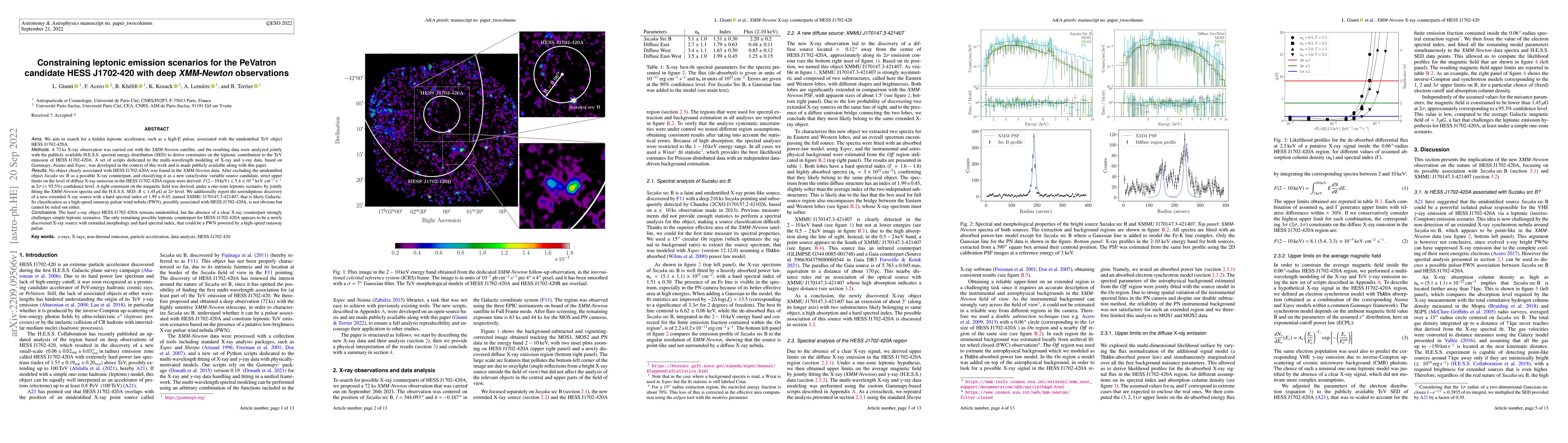 Thumbnail for Constraining leptonic emission scenarios for the PeVatron candidate HESS
  J1702-420 with deep XMM-Newton observations