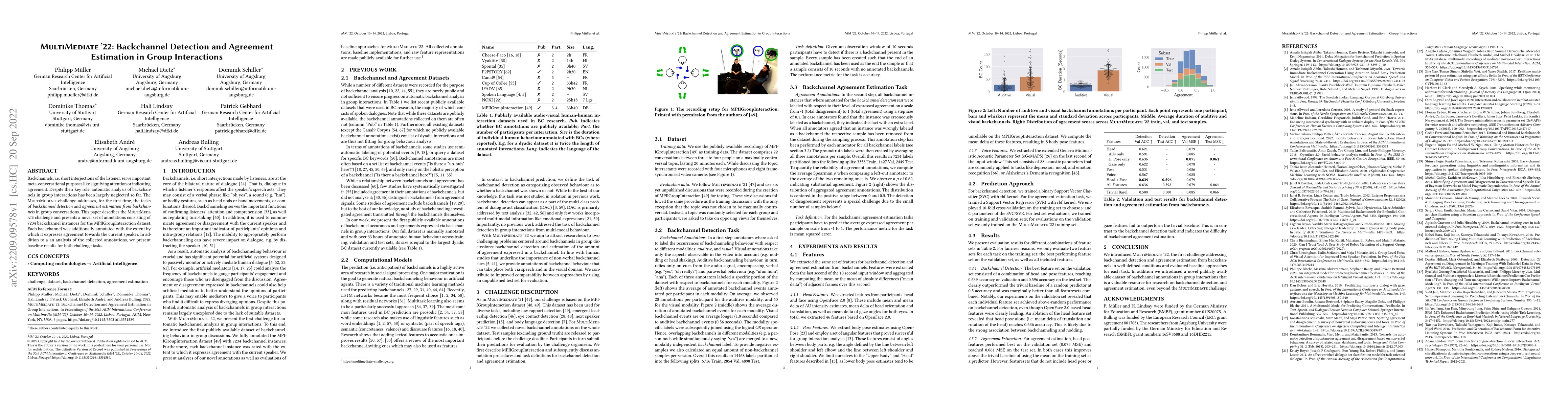 Thumbnail for MultiMediate '22: Backchannel Detection and Agreement Estimation in
  Group Interactions