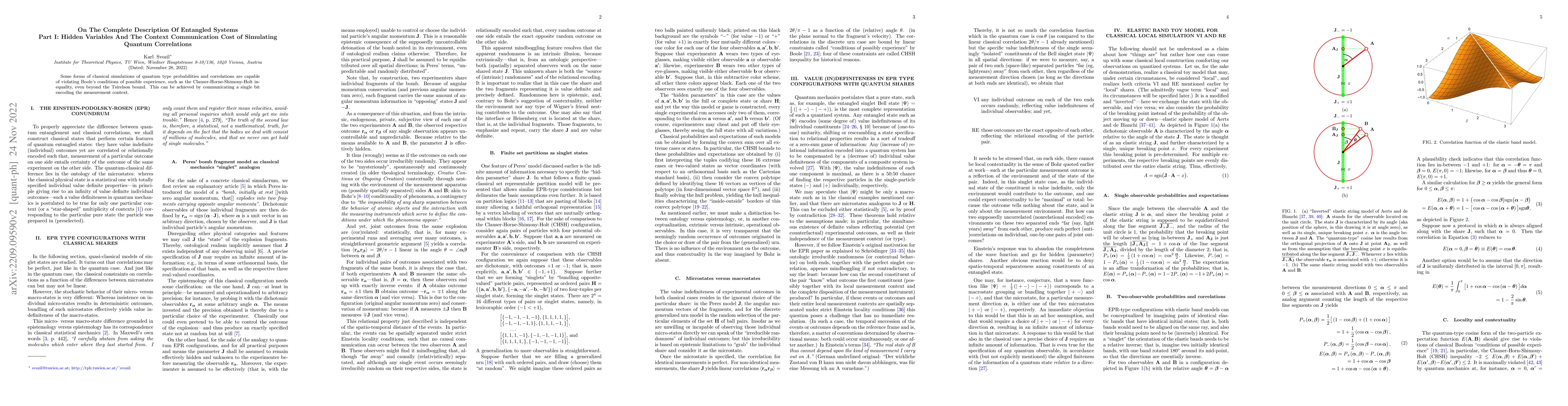 Thumbnail for On The Complete Description Of Entangled Systems Part I: Hidden
  Variables And The Context Communication Cost of Simulating Quantum
  Correlations
