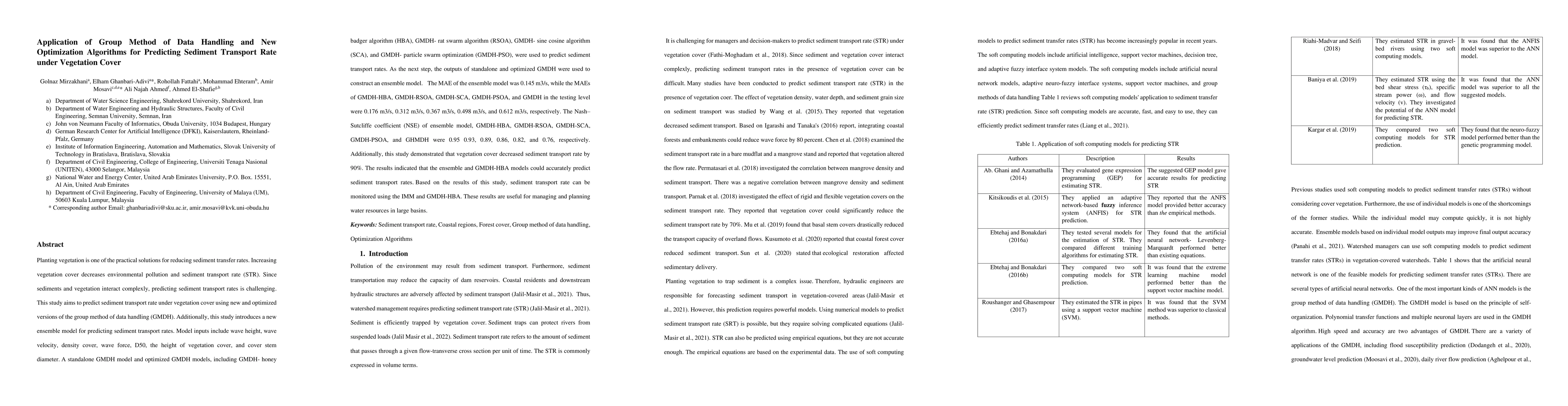 Thumbnail for Application of Group Method of Data Handling and New Optimization
  Algorithms for Predicting Sediment Transport Rate under Vegetation Cover